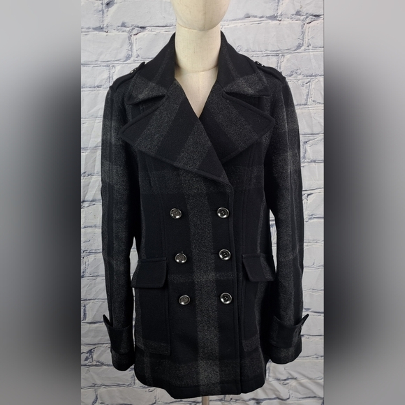 Burberry Double Breasted Pea Coat Winter Jacket Wool Check Plaid Plus Sz 14 US - Picture 2 of 15